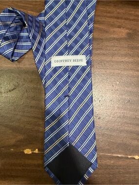 Geoffrey Beene Navy Blue Plaid Silk Tie with Yellow & White Stripes